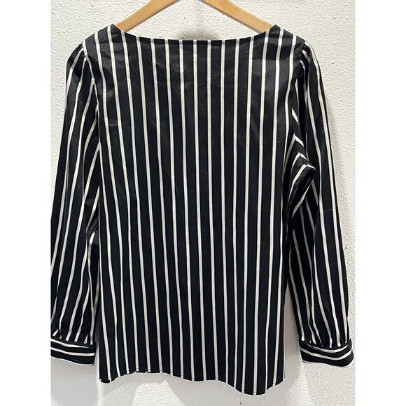Express Black White Stripe Blouse Large Long Puff Sleeve Elegant Quiet Luxury - Picture 2 of 5